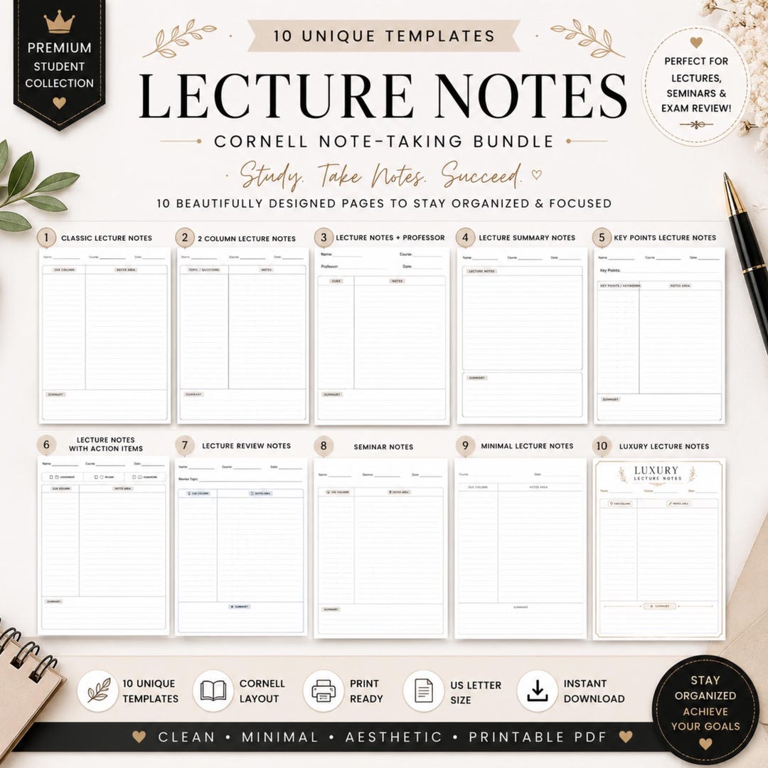 Lecture Notes Template Printable PDF | Cornell Notes Template | Student ...