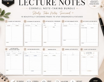 Lecture Notes Template Printable PDF | Cornell Notes Template | Student Note Taking Pages | Study Notes Printable | College Lecture Notes
