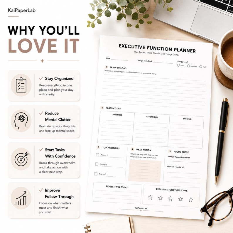 May include: A white Executive Function Planner page with black text, featuring sections for Brain Unload, Plan My Day, Top Priorities, Next Action, Focus Check, and Executive Function Score, alongside a list of benefits including Stay Organized and Reduce Mental Clutter.