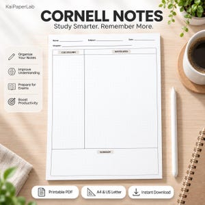 Cornell Notes Template Printable, Cornell Note Taking PDF, Study Notes, Lecture Notes, Student Note Pages, A4 US Letter