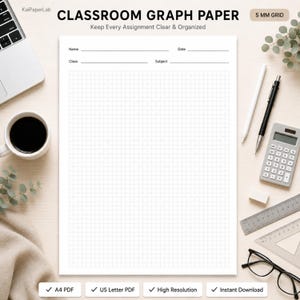 May include: A sheet of white classroom graph paper with a 5 mm grid, featuring fields for name, date, class, and subject. The header text reads CLASSROOM GRAPH PAPER and Keep Every Assignment Clear & Organized, with a 5 MM GRID label.