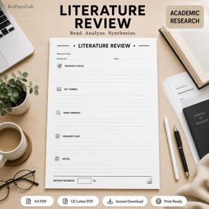 Literature Review Printable, Research Notes Template, Citation Tracker, Academic Research Journal, A4 US Letter
