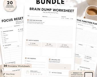 ADHD Planner Bundle Printable PDF  20 Printable Worksheets  Executive Function Planner  Brain Dump Worksheet Focus Planner Instant Download