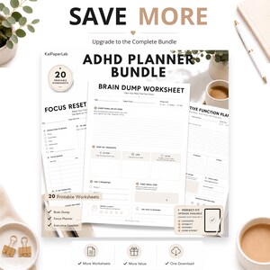 May include: A digital ADHD planner bundle featuring printable worksheets including a Brain Dump Worksheet, Focus Reset, and Executive Function Plan. The documents contain sections for daily focus, energy levels, priorities, and tasks.