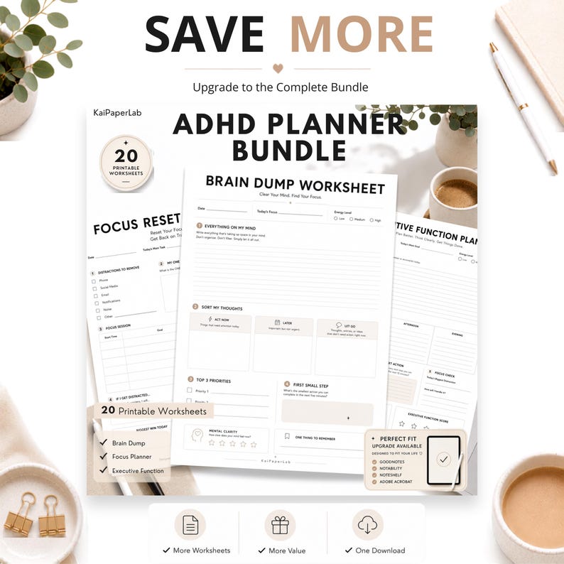 May include: A digital ADHD planner bundle featuring printable worksheets including a Brain Dump Worksheet, Focus Reset, and Executive Function Plan. The documents contain sections for daily focus, energy levels, priorities, and tasks.