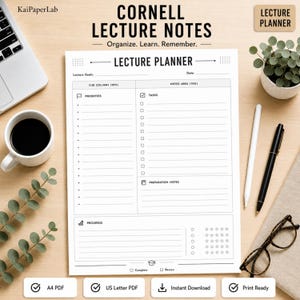 Cornell-Notizvorlage zum Ausdrucken, Vorlesungsmitschriften (PDF), Cornell-Vorlesungsmitschriften, Notizen für Studierende, Lernnotizen, A4 US Letter
