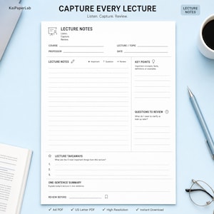 May include: A white lecture notes template printed on paper with black text and lines. The layout includes sections for course details, lecture notes, key points, questions to review, lecture takeaways, and a one-sentence summary for organization.