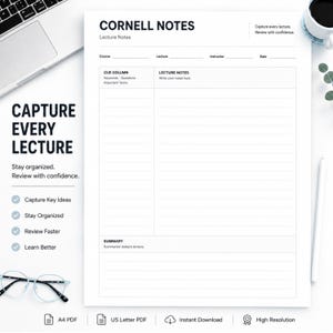 Könnte beinhalten: Eine weiße Cornell-Notizvorlage auf Papier mit schwarzem Text. Das Layout enthält Abschnitte für Kurs, Vorlesung, Dozent und Datum, eine Stichwortspalte für Begriffe und Fragen, einen großen Bereich für Notizen sowie einen Zusammenfassungsbereich.