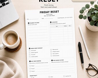 PDF imprimible para reiniciar el viernes / Planificador semanal / Hoja de trabajo de revisión semanal / Planificador de productividad / Lista de verificación de fin de semana (descarga instantánea)