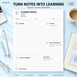 Könnte beinhalten: Eine weiße Vorlage für Studentennotizen auf Papier mit schwarzem Text und Linien. Das Layout enthält Abschnitte für Fach, Thema, Datum, meine Notizen, Schlüsselideen, Verbindungen herstellen, 3 Dinge zum Merken, Zusammenfassung und Wiederholung. Die Überschrift lautet TURN NOTES INTO LEARNING.