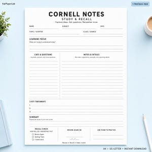 Könnte beinhalten: Eine weiße Cornell-Notizvorlage zum Lernen und Wiederholen auf Papier. Das Dokument enthält Abschnitte für Name, Fach, Datum, Thema, Lernfokus, Hinweise und Fragen, Notizen und Details, drei Kernpunkte, eine Zusammenfassung und einen Rückblick.