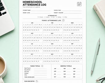 Homeschool Attendance Log Printable, Yearly Attendance Record, Homeschool Attendance Sheet, Student School Log PDF, A4 US Letter
