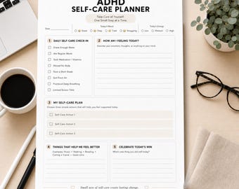 ADHD Self Care Planner Printable PDF | Self Care Worksheet | ADHD Wellness Planner | Mental Health Printable | Daily Self Care Checklist