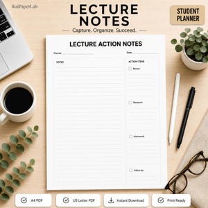 Modello di appunti per lezioni stampabile, appunti di studio in PDF, appunti Cornell, pagine per prendere appunti per studenti, appunti per lezioni universitarie, formato A4 US Letter