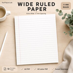 Wide Ruled Lined Paper PDF, Printable Notebook Paper, US Letter Writing Paper, 11mm Ruled Pages, Printable PDF, Digital Download
