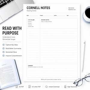 May include: A white Cornell Notes reading template printed on paper. The layout includes sections for book, chapter, author, date, a cue column for keywords and questions, a large reading notes area, and a summary section at the bottom.