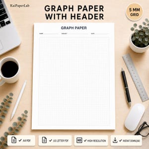 May include: A white sheet of graph paper with a 5 mm grid and a header section labeled Name, Subject, and Date. The paper is centered and features the text Graph Paper at the top. The design includes a grid pattern for technical drawing or math.