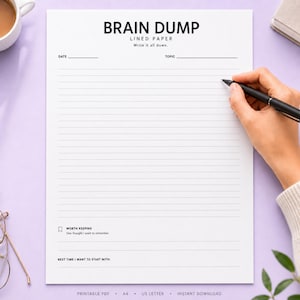 Op de afbeelding: Een wit vel gelinieerd papier met de titel BRAIN DUMP LINED PAPER en de ondertitel Write it all down. De pagina bevat velden voor DATE en TOPIC, een sectie genaamd WORTH KEEPING voor notities en een gedeelte voor NEXT TIME I WANT TO START WITH.