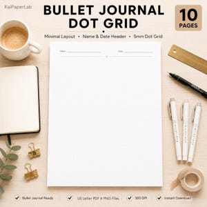 Printbaar PNG-bestand met stippenraster voor bullet journals | BuJo-pagina's met naam- en datumkop | Sjabloon voor journalpapier