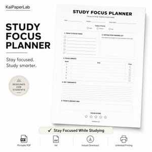 Può includere: Un foglio bianco Study Focus Planner con testo e linee nere. Le sezioni includono attività, un'area per le distrazioni, sprint di concentrazione, punti chiave e il successo principale della giornata, con un punteggio di cinque stelle.