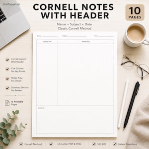 May include: A printable Cornell notes template with a header, featuring a name, subject, and date section. The layout includes a cue column, a large notes area with a subtle dot grid pattern, and a summary section at the bottom of the page.