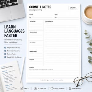 May include: A white Cornell notes template for language learning with black text. The page includes sections for vocabulary, grammar rules, expressions, pronunciation, questions, and a summary. It features the text Learn today. Speak tomorrow.