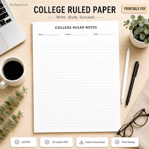 Printbaar papier met lijnen, PDF met gelinieerd papier, sjabloon voor studentennotities, pagina's voor studienotities, collegeaantekeningen, Cornell-notities, A4 US Letter-formaat