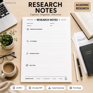 Research Notes Printable, Research Notebook PDF, Academic Research Journal, Thesis Notes, Study Planner, A4 US Letter