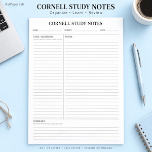 May include: A white Cornell study notes template printed on paper with black text. The layout includes sections for name, subject, date, cues, questions, notes, and a summary. The header reads CORNELL STUDY NOTES, Organize, Learn, Review.