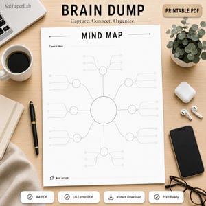 Brain Dump Printable, Brainstorm Planner PDF, Mind Map Template, Idea Planner, Creative Thinking Notes, A4 US Letter