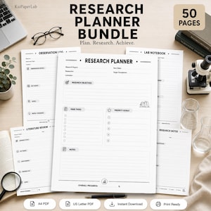 Research Planner Bundle Printable, Research Notes, Literature Review, Lab Notebook, Thesis Planner, 50 Pages PDF