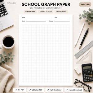 May include: A white sheet of school graph paper with a 5 mm grid, featuring fields for name, date, grade, and subject. The header reads SCHOOL GRAPH PAPER, One Printable for Every Grade Level, with buttons for ELEMENTARY, MIDDLE SCHOOL, and HIGH SCHOOL.