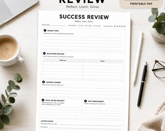 Revisión de éxito imprimible en PDF / Hoja de reflexión Planificador de revisión semanal / Reflexión de objetivos Planificador de productividad imprimible Descarga instantánea