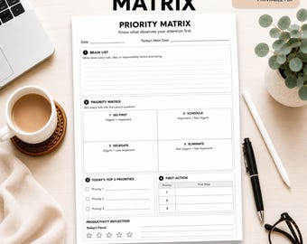 Matriz de Prioridades Imprimible en PDF / Hoja de Trabajo de la Matriz de Eisenhower / Planificador de Productividad / Priorizador de Tareas para TDAH / Gestión del Tiempo Imprimible