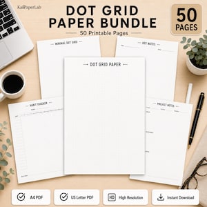 Utskrivbart papperspaket med punktrutnät, Bullet Journal-sidor, anteckningsbok med punktrutnät, 5 mm punktrutnät, PDF-anteckningar med punktrutnät, 50 sidor