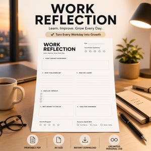 Könnte beinhalten: Eine Arbeitsreflexionsvorlage auf weißem Papier mit schwarzem Text, die Abschnitte für Erfolge, Herausforderungen, Lernen, Verbesserung, beste Momente und Ziele enthält. Die Überschrift lautet Work Reflection, Learn. Improve. Grow Every Day.