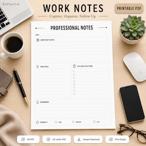 Werknotities om af te drukken, sjabloon voor kantoornotities, werklogboek in PDF, projectnotities, bedrijfsplanner, A4 US Letter-formaat