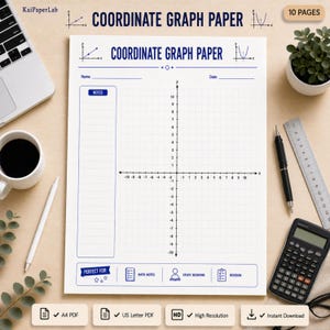 May include: A sheet of coordinate graph paper with a blue grid, a notes section, and fields for name and date. The header reads COORDINATE GRAPH PAPER. The bottom section includes icons for math notes, study sessions, and revision.