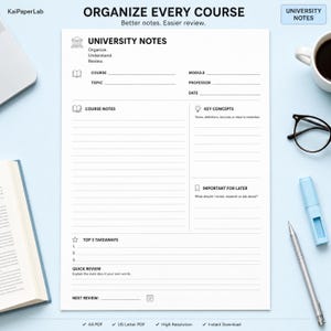 May include: A white university notes template printed on paper with black text and lines. The layout includes sections for course, topic, module, professor, date, course notes, key concepts, important for later, top 3 takeaways, and quick review.