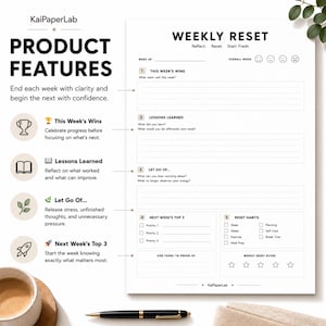 Pode incluir: Uma p&aacute;gina de planeamento semanal branca intitulada Weekly Reset com sec&ccedil;&otilde;es para conquistas, li&ccedil;&otilde;es aprendidas, coisas a deixar ir, prioridades e h&aacute;bitos. Inclui cabe&ccedil;alhos, caixas de verifica&ccedil;&atilde;o, estrelas de pontua&ccedil;&atilde;o e o log&oacute;tipo KaiPaperLab.