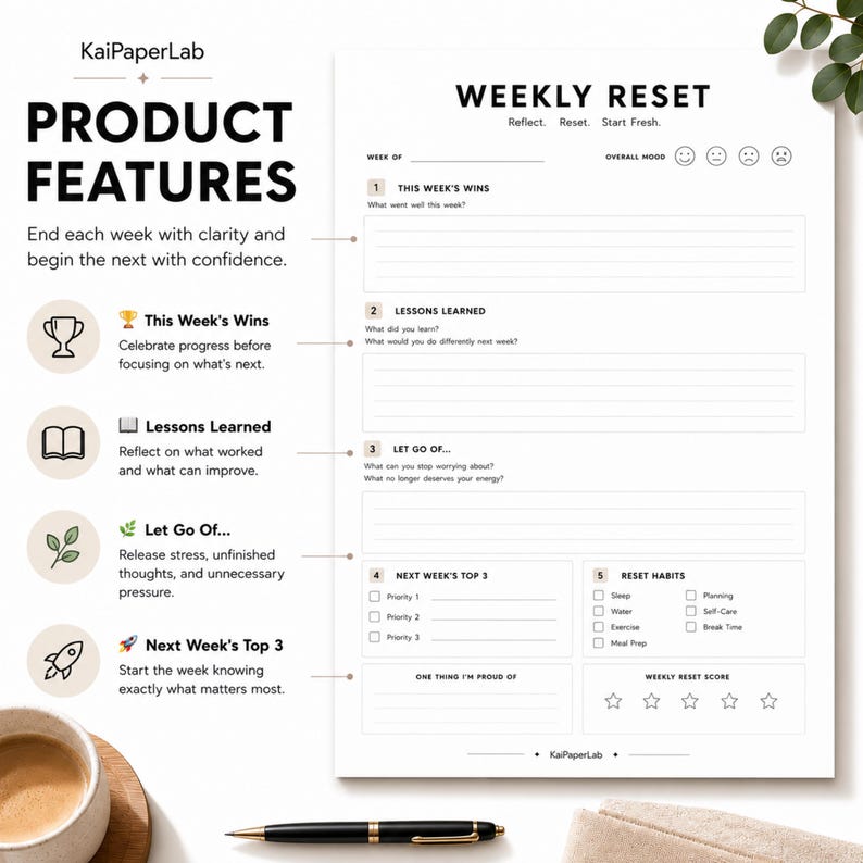 Pode incluir: Uma p&aacute;gina de planeamento semanal branca intitulada Weekly Reset com sec&ccedil;&otilde;es para conquistas, li&ccedil;&otilde;es aprendidas, coisas a deixar ir, prioridades e h&aacute;bitos. Inclui cabe&ccedil;alhos, caixas de verifica&ccedil;&atilde;o, estrelas de pontua&ccedil;&atilde;o e o log&oacute;tipo KaiPaperLab.