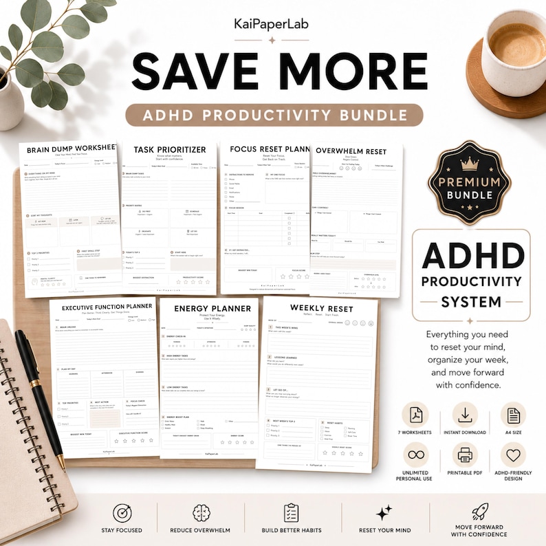 Pode incluir: Um pacote digital de produtividade para TDAH com sete folhas de trabalho imprim&iacute;veis, incluindo um brain dump, priorizador de tarefas, planejador de foco, reset de sobrecarga, planejador de fun&ccedil;&otilde;es executivas e planejador de energia.