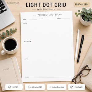 Carta a griglia di punti leggera stampabile, quaderno a griglia di punti in PDF, carta per bullet journal, griglia di punti minimale, formato A4 US Letter, download immediato.