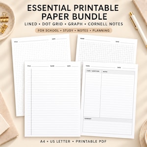 Könnte beinhalten: Ein druckbares Papierbündel mit vier weißen Blättern mit schwarzem Text und Linien. Die Blätter enthalten Punktgitter-, Raster-, linierte und Cornell-Notizen-Layouts. Der Text lautet ESSENTIAL PRINTABLE PAPER BUNDLE, LINED DOT GRID GRAPH CORNELL NOTES, FOR SCHOOL STUDY NOTES PLANNING und A4 + US LETTER PRINTABLE PDF.
