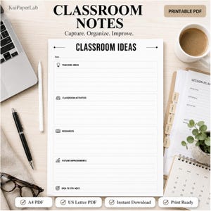 Plantilla imprimible para notas de clase, plantilla para notas del profesor, planificador de gestión del aula, notas de enseñanza en PDF, tamaño carta estadounidense A4