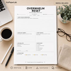 Könnte beinhalten: Ein weißes Arbeitsblatt mit dem Titel Overwhelm Reset mit Abschnitten für Stresslevel, Absichten und sechs strukturierten Aufforderungen, darunter What's Feeling Overwhelming, What Can I Control, What Can Wait, One Small Step, Reset Routine und After My Reset.