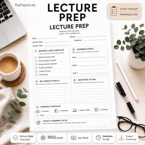 Op de afbeelding: Een wit printbaar voorbereidingsblad voor colleges met zwarte tekst, voorzien van secties voor datum, cursus, docent, onderwerp en tijd. Het bevat een checklist voor de les, leerdoelen, kernbegrippen, vragen en een materialenlijst.