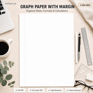 Può includere: Un foglio di carta millimetrata bianca con una linea di margine verticale e una griglia da 5 mm. Il testo recita: KaiPaperLab, GRAPH PAPER WITH MARGIN, Organize Notes, Formulas & Calculations, 5 MM GRID, A4 PDF, US Letter PDF, High Resolution, Instant Download.