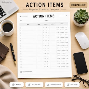 アクションアイテム印刷可能、会議フォローアップテンプレート、タスクトラッカーPDF、プロジェクトアクションリスト、ワークプランナー、A4 USレター