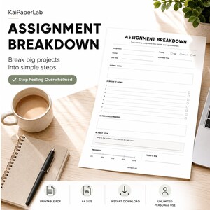 May include: A white printable assignment breakdown planner sheet featuring sections for assignment details, final goals, step-by-step tasks, resources, and progress tracking. The document includes the text Assignment Breakdown and KaiPaperLab.